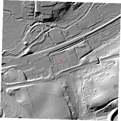 Shaded relief map of the ground around CM202UE, computed from Environment Agency LiDAR. The ground here sits at about 39 m above sea level and falls 27 m across the surrounding 800 m. Surface water reaching this point runs off ground lying to the south, 17.4 m higher.