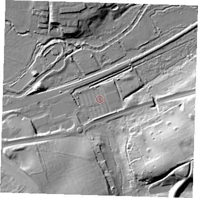 Shaded relief map of the ground around CM202UH, computed from Environment Agency LiDAR. The ground here sits at about 39 m above sea level and falls 27 m across the surrounding 800 m. Surface water reaching this point runs off ground lying to the south-east, 2.6 m higher.
