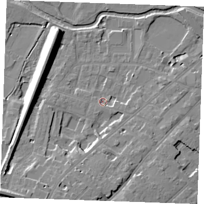 Shaded relief map of the ground around CM20AS, computed from Environment Agency LiDAR. The ground here sits at about 27 m above sea level and falls 21 m across the surrounding 800 m. Surface water reaching this point runs off ground lying to the south-east, 2.7 m higher.