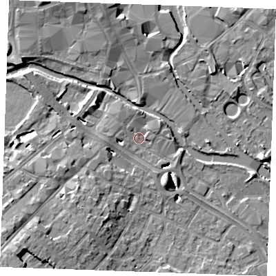 Shaded relief map of the ground around CM20BX, computed from Environment Agency LiDAR. The ground here sits at about 24 m above sea level and falls 11 m across the surrounding 800 m. Surface water reaching this point runs off ground lying to the north, 1.9 m higher.