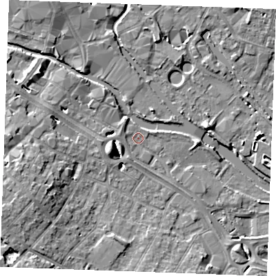 Shaded relief map of the ground around CM20DA, computed from Environment Agency LiDAR. The ground here sits at about 24 m above sea level and falls 10 m across the surrounding 800 m. Surface water reaching this point runs off ground lying to the west-south-west, 6.0 m higher.