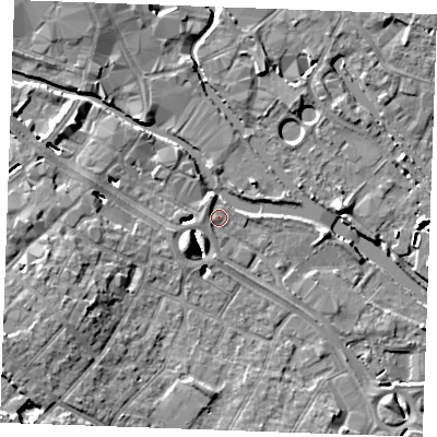 Shaded relief map of the ground around CM20DB, computed from Environment Agency LiDAR. The ground here sits at about 24 m above sea level and falls 10 m across the surrounding 800 m. Surface water reaching this point runs off ground lying to the north-north-west, 2.1 m higher.