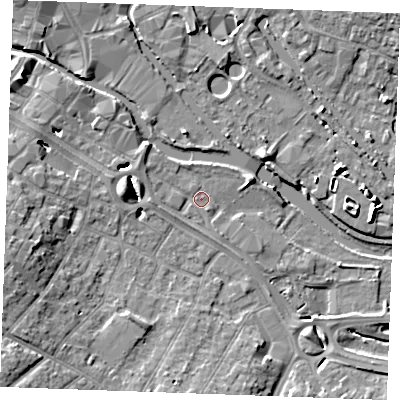 Shaded relief map of the ground around CM20DD, computed from Environment Agency LiDAR. The ground here sits at about 23 m above sea level and falls 9 m across the surrounding 800 m. Surface water reaching this point runs off ground lying to the west, 6.0 m higher.