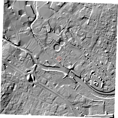Shaded relief map of the ground around CM20DE, computed from Environment Agency LiDAR. The ground here sits at about 23 m above sea level and falls 11 m across the surrounding 800 m. Surface water reaching this point runs off ground lying to the west-south-west, 2.2 m higher.