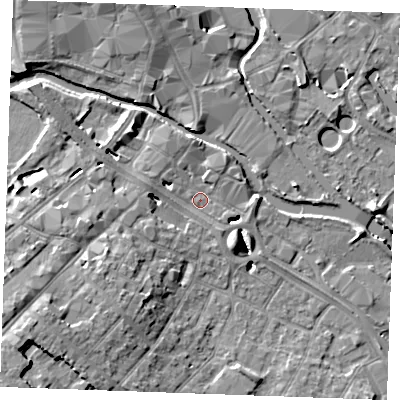 Shaded relief map of the ground around CM20DG, computed from Environment Agency LiDAR. The ground here sits at about 24 m above sea level and falls 12 m across the surrounding 800 m. Surface water reaching this point runs off ground lying to the south-west, 9.7 m higher.
