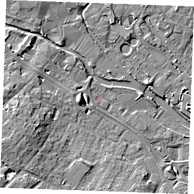 Shaded relief map of the ground around CM20DL, computed from Environment Agency LiDAR. The ground here sits at about 23 m above sea level and falls 10 m across the surrounding 800 m. Surface water reaching this point runs off ground lying to the west-south-west, 6.0 m higher.