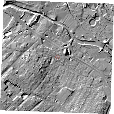 Shaded relief map of the ground around CM20DN, computed from Environment Agency LiDAR. The ground here sits at about 24 m above sea level and falls 12 m across the surrounding 800 m. Surface water reaching this point runs off ground lying to the west-north-west, 0.6 m higher.
