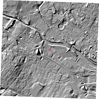 Shaded relief map of the ground around CM20DP, computed from Environment Agency LiDAR. The ground here sits at about 23 m above sea level and falls 9 m across the surrounding 800 m. Surface water reaching this point runs off ground lying to the west-south-west, 6.0 m higher.
