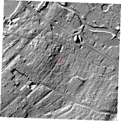 Shaded relief map of the ground around CM20DR, computed from Environment Agency LiDAR. The ground here sits at about 24 m above sea level and falls 13 m across the surrounding 800 m. Surface water reaching this point runs off ground lying to the west, 6.2 m higher.