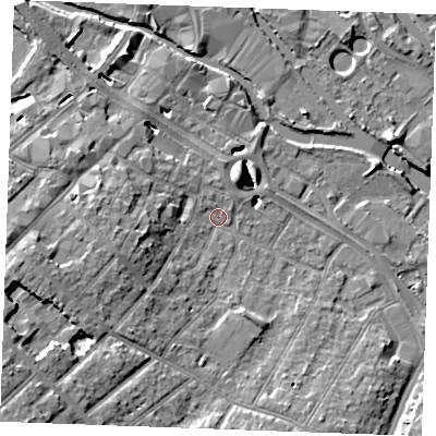 Shaded relief map of the ground around CM20DW, computed from Environment Agency LiDAR. The ground here sits at about 24 m above sea level and falls 12 m across the surrounding 800 m. Surface water reaching this point runs off ground lying to the west-south-west, 6.6 m higher.