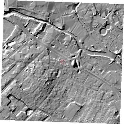 Shaded relief map of the ground around CM20DX, computed from Environment Agency LiDAR. The ground here sits at about 24 m above sea level and falls 12 m across the surrounding 800 m. Surface water reaching this point runs off ground lying to the west-south-west, 1.1 m higher.