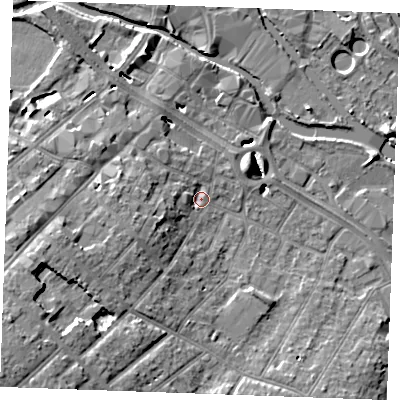 Shaded relief map of the ground around CM20DY, computed from Environment Agency LiDAR. The ground here sits at about 24 m above sea level and falls 13 m across the surrounding 800 m. Surface water reaching this point runs off ground lying to the west-south-west, 5.4 m higher.