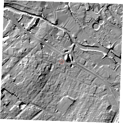 Shaded relief map of the ground around CM20EF, computed from Environment Agency LiDAR. The ground here sits at about 24 m above sea level and falls 12 m across the surrounding 800 m. Surface water reaching this point runs off ground lying to the north, 0.6 m higher.