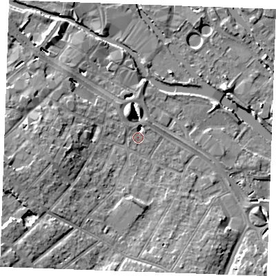 Shaded relief map of the ground around CM20EG, computed from Environment Agency LiDAR. The ground here sits at about 23 m above sea level and falls 11 m across the surrounding 800 m. Surface water reaching this point runs off ground lying to the north-north-west, 0.7 m higher.