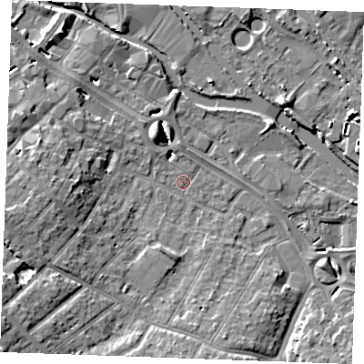 Shaded relief map of the ground around CM20EJ, computed from Environment Agency LiDAR. The ground here sits at about 23 m above sea level and falls 11 m across the surrounding 800 m. Surface water reaching this point runs off ground lying to the south-west, 8.6 m higher.