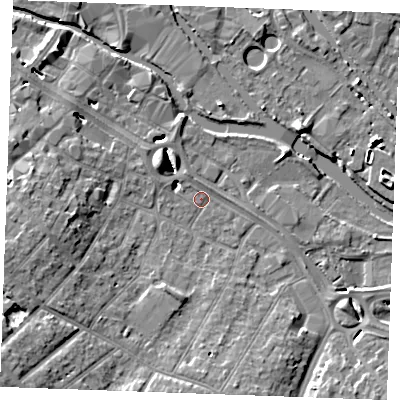 Shaded relief map of the ground around CM20EL, computed from Environment Agency LiDAR. The ground here sits at about 23 m above sea level and falls 10 m across the surrounding 800 m. Surface water reaching this point runs off ground lying to the south-west, 9.8 m higher.