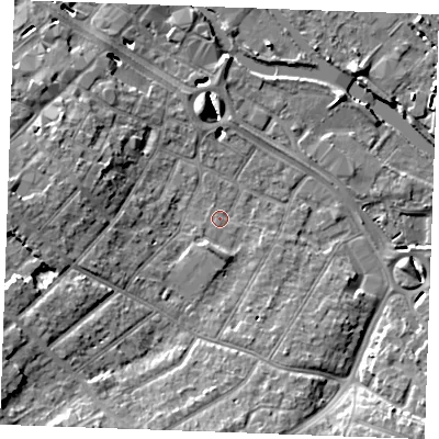 Shaded relief map of the ground around CM20EN, computed from Environment Agency LiDAR. The ground here sits at about 24 m above sea level and falls 11 m across the surrounding 800 m. Surface water reaching this point runs off ground lying to the south-west, 0.8 m higher.