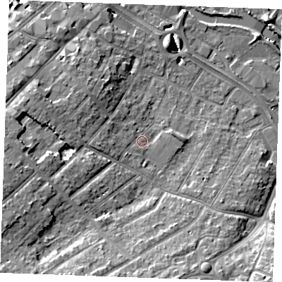Shaded relief map of the ground around CM20EP, computed from Environment Agency LiDAR. The ground here sits at about 25 m above sea level and falls 13 m across the surrounding 800 m. Surface water reaching this point runs off ground lying to the west, 3.7 m higher.