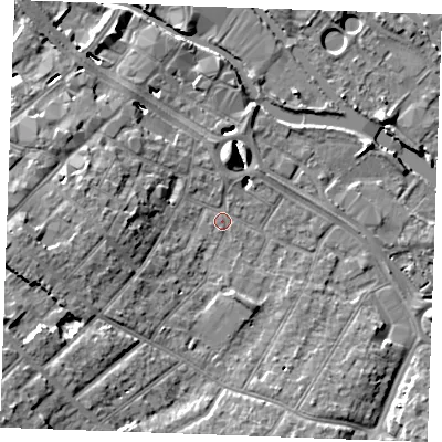 Shaded relief map of the ground around CM20EQ, computed from Environment Agency LiDAR. The ground here sits at about 24 m above sea level and falls 12 m across the surrounding 800 m. Surface water reaching this point runs off ground lying to the west, 6.7 m higher.