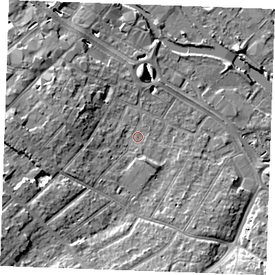 Shaded relief map of the ground around CM20ER, computed from Environment Agency LiDAR. The ground here sits at about 24 m above sea level and falls 12 m across the surrounding 800 m. Surface water reaching this point runs off ground lying to the west-south-west, 4.5 m higher.