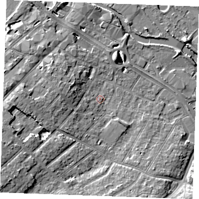 Shaded relief map of the ground around CM20ES, computed from Environment Agency LiDAR. The ground here sits at about 24 m above sea level and falls 12 m across the surrounding 800 m. Surface water reaching this point runs off ground lying to the west-south-west, 2.9 m higher.