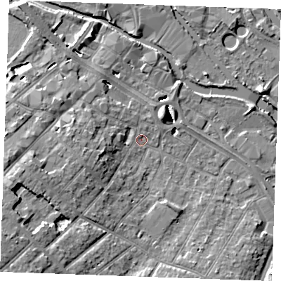 Shaded relief map of the ground around CM20FP, computed from Environment Agency LiDAR. The ground here sits at about 24 m above sea level and falls 12 m across the surrounding 800 m. Surface water reaching this point runs off ground lying to the west, 5.4 m higher.