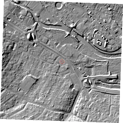 Shaded relief map of the ground around CM20FR, computed from Environment Agency LiDAR. The ground here sits at about 23 m above sea level and falls 9 m across the surrounding 800 m. Surface water reaching this point runs off ground lying to the south-west, 8.8 m higher.