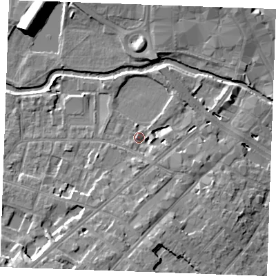 Shaded relief map of the ground around CM20FS, computed from Environment Agency LiDAR. The ground here sits at about 26 m above sea level and falls 15 m across the surrounding 800 m. Surface water reaching this point runs off ground lying to the south, 5.0 m higher.