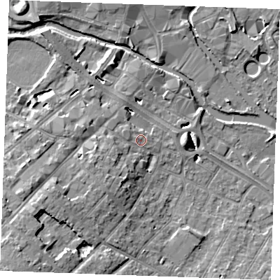 Shaded relief map of the ground around CM20FW, computed from Environment Agency LiDAR. The ground here sits at about 25 m above sea level and falls 13 m across the surrounding 800 m. Surface water reaching this point runs off ground lying to the west-south-west, 3.6 m higher.