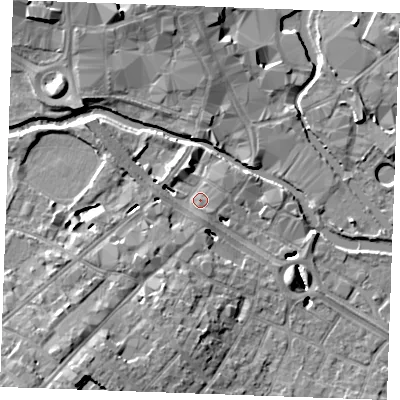 Shaded relief map of the ground around CM20GE, computed from Environment Agency LiDAR. The ground here sits at about 25 m above sea level and falls 11 m across the surrounding 800 m. Surface water reaching this point runs off ground lying to the south-west, 5.0 m higher.