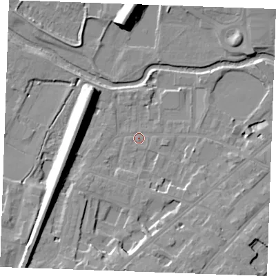 Shaded relief map of the ground around CM20GJ, computed from Environment Agency LiDAR. The ground here sits at about 26 m above sea level and falls 16 m across the surrounding 800 m. Surface water reaching this point runs off ground lying to the south-west, 13.0 m higher.