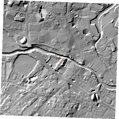 Shaded relief map of the ground around CM20GP, computed from Environment Agency LiDAR. The ground here sits at about 24 m above sea level and falls 12 m across the surrounding 800 m. Surface water reaching this point runs off ground lying to the south-south-west, 8.1 m higher.