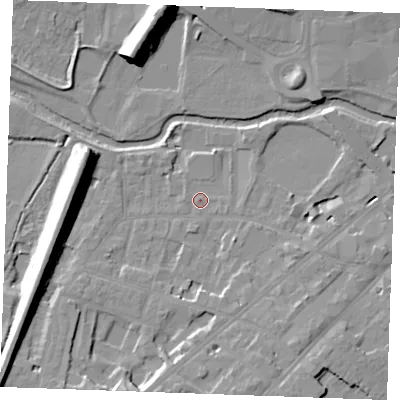 Shaded relief map of the ground around CM20GT, computed from Environment Agency LiDAR. The ground here sits at about 26 m above sea level and falls 16 m across the surrounding 800 m. Surface water reaching this point runs off ground lying to the south-east, 0.9 m higher.