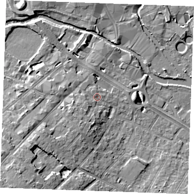 Shaded relief map of the ground around CM20HG, computed from Environment Agency LiDAR. The ground here sits at about 25 m above sea level and falls 13 m across the surrounding 800 m. Surface water reaching this point runs off ground lying to the south-west, 3.3 m higher.