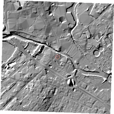 Shaded relief map of the ground around CM20HR, computed from Environment Agency LiDAR. The ground here sits at about 25 m above sea level and falls 11 m across the surrounding 800 m. Surface water reaching this point runs off ground lying to the north-north-east, 1.1 m higher.