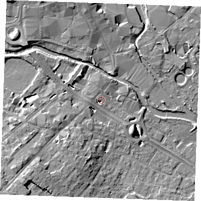 Shaded relief map of the ground around CM20HU, computed from Environment Agency LiDAR. The ground here sits at about 25 m above sea level and falls 11 m across the surrounding 800 m. Surface water reaching this point runs off ground lying to the north-north-east, 1.5 m higher.