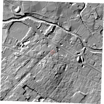 Shaded relief map of the ground around CM20HX, computed from Environment Agency LiDAR. The ground here sits at about 26 m above sea level and falls 13 m across the surrounding 800 m. Surface water reaching this point runs off ground lying to the south-west, 7.7 m higher.