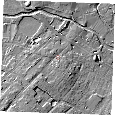 Shaded relief map of the ground around CM20HY, computed from Environment Agency LiDAR. The ground here sits at about 27 m above sea level and falls 15 m across the surrounding 800 m. Surface water reaching this point runs off ground lying to the south-west, 9.0 m higher.