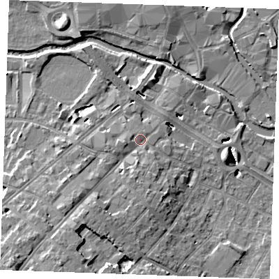 Shaded relief map of the ground around CM20LG, computed from Environment Agency LiDAR. The ground here sits at about 26 m above sea level and falls 13 m across the surrounding 800 m. Surface water reaching this point runs off ground lying to the south-west, 7.6 m higher.