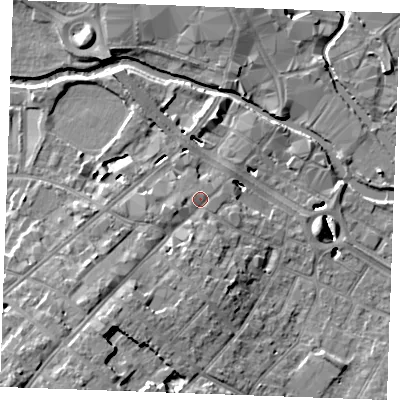 Shaded relief map of the ground around CM20LJ, computed from Environment Agency LiDAR. The ground here sits at about 26 m above sea level and falls 13 m across the surrounding 800 m. Surface water reaching this point runs off ground lying to the south-south-west, 7.5 m higher.