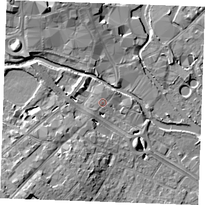 Shaded relief map of the ground around CM20LR, computed from Environment Agency LiDAR. The ground here sits at about 25 m above sea level and falls 11 m across the surrounding 800 m. Surface water reaching this point runs off ground lying to the north-east, 1.2 m higher.