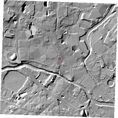 Shaded relief map of the ground around CM20NA, computed from Environment Agency LiDAR. The ground here sits at about 26 m above sea level and falls 12 m across the surrounding 800 m. Surface water reaching this point runs off ground lying to the north-north-west, 0.8 m higher.