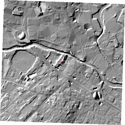 Shaded relief map of the ground around CM20ND, computed from Environment Agency LiDAR. The ground here sits at about 26 m above sea level and falls 10 m across the surrounding 800 m. Surface water reaching this point runs off ground lying to the north-east, 5.1 m higher.