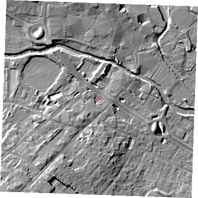 Shaded relief map of the ground around CM20NF, computed from Environment Agency LiDAR. The ground here sits at about 24 m above sea level and falls 12 m across the surrounding 800 m. Surface water reaching this point runs off ground lying to the south-west, 4.3 m higher.