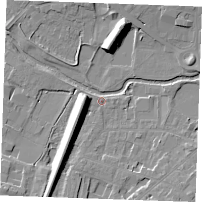 Shaded relief map of the ground around CM20NL, computed from Environment Agency LiDAR. The ground here sits at about 26 m above sea level and falls 15 m across the surrounding 800 m. Surface water reaching this point runs off ground lying to the south-south-west, 15.0 m higher.