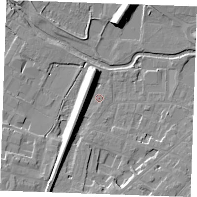 Shaded relief map of the ground around CM20NN, computed from Environment Agency LiDAR. The ground here sits at about 26 m above sea level and falls 16 m across the surrounding 800 m. Surface water reaching this point runs off ground lying to the south-south-west, 13.2 m higher.