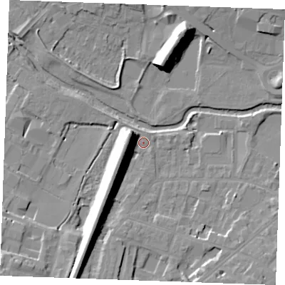 Shaded relief map of the ground around CM20NP, computed from Environment Agency LiDAR. The ground here sits at about 25 m above sea level and falls 15 m across the surrounding 800 m. Surface water reaching this point runs off ground lying to the south-west, 15.1 m higher.