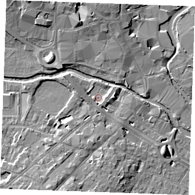 Shaded relief map of the ground around CM20PD, computed from Environment Agency LiDAR. The ground here sits at about 24 m above sea level and falls 10 m across the surrounding 800 m. Surface water reaching this point runs off ground lying to the east-north-east, 2.8 m higher.
