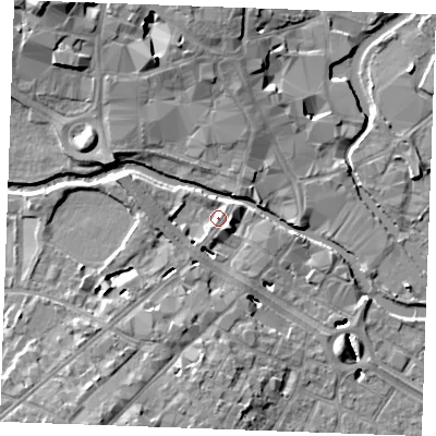 Shaded relief map of the ground around CM20PE, computed from Environment Agency LiDAR. The ground here sits at about 25 m above sea level and falls 11 m across the surrounding 800 m. Surface water reaching this point runs off ground lying to the north-east, 2.8 m higher.