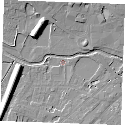 Shaded relief map of the ground around CM20PG, computed from Environment Agency LiDAR. The ground here sits at about 24 m above sea level and falls 16 m across the surrounding 800 m. Surface water reaching this point runs off ground lying to the south, 2.5 m higher.